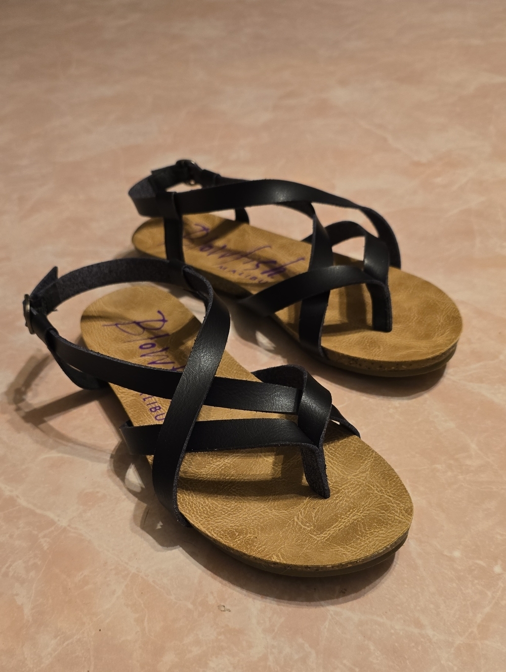 Blowfish Malibu Women's Black Strappy Sandals with Tan Footbed